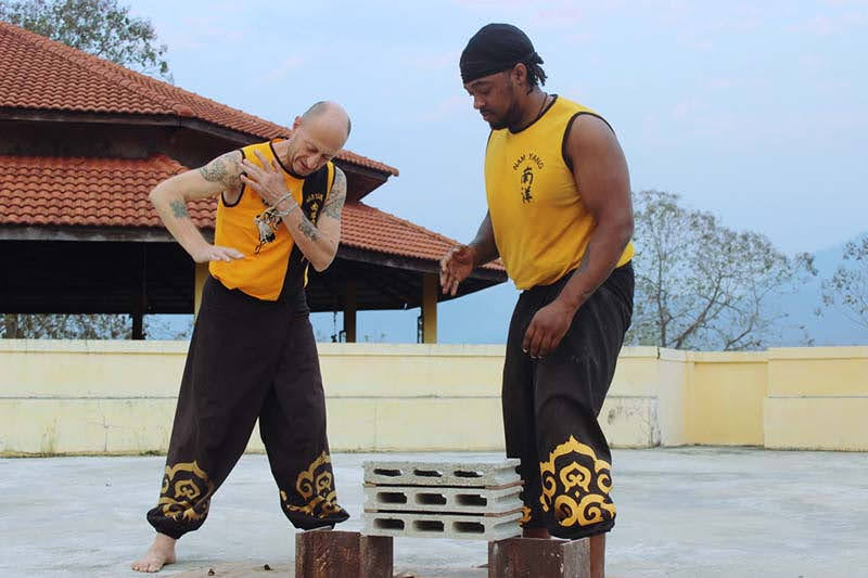 Master Iain teaching AJ how to palm strike breaking bricks