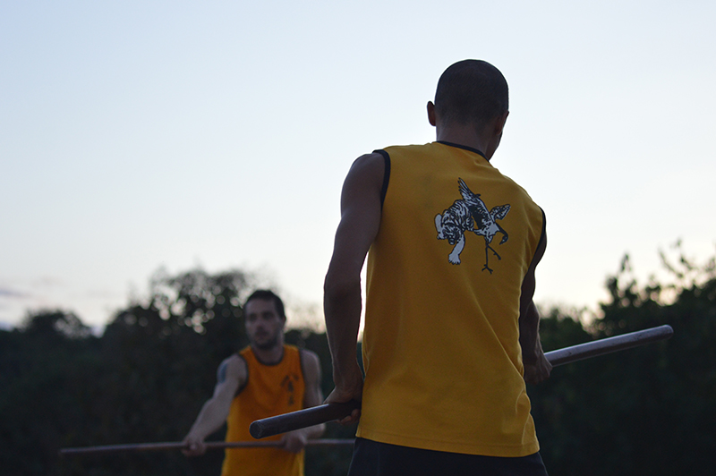 Students training with the shaolin staff